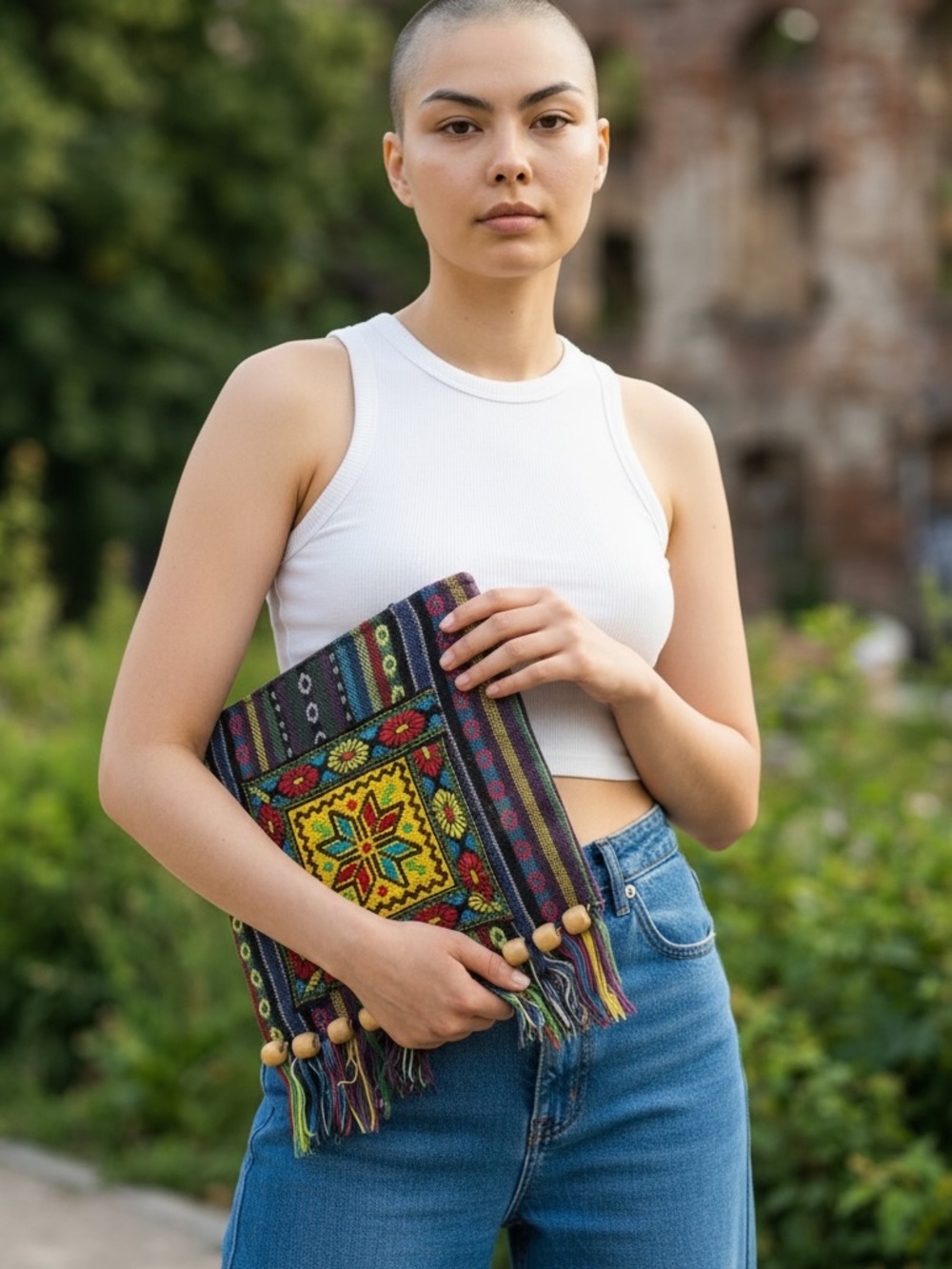 Jerusalem Woven/Embroidered Multicolor Fringe Clutch w/ Wooden Accent Beads